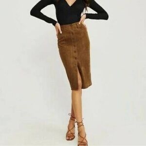 Abercrombie & Finch Women's Suede Midi Length Brown Button Closure Skirt